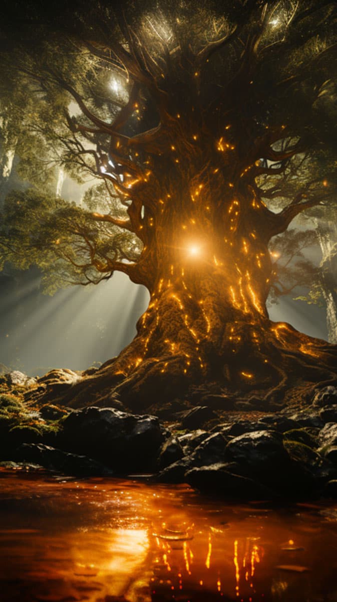 AI generated image from the prompt: A cinematic scene from a fantasy movie called Legend of the 7 Rings. This extreme long shot captures an old growth tree made of gold, bright and sunny day, gold accent lighting, in the style of dynamic action sequences, captured on Phantom High - Speed Camera --s 750 --ar 16:9