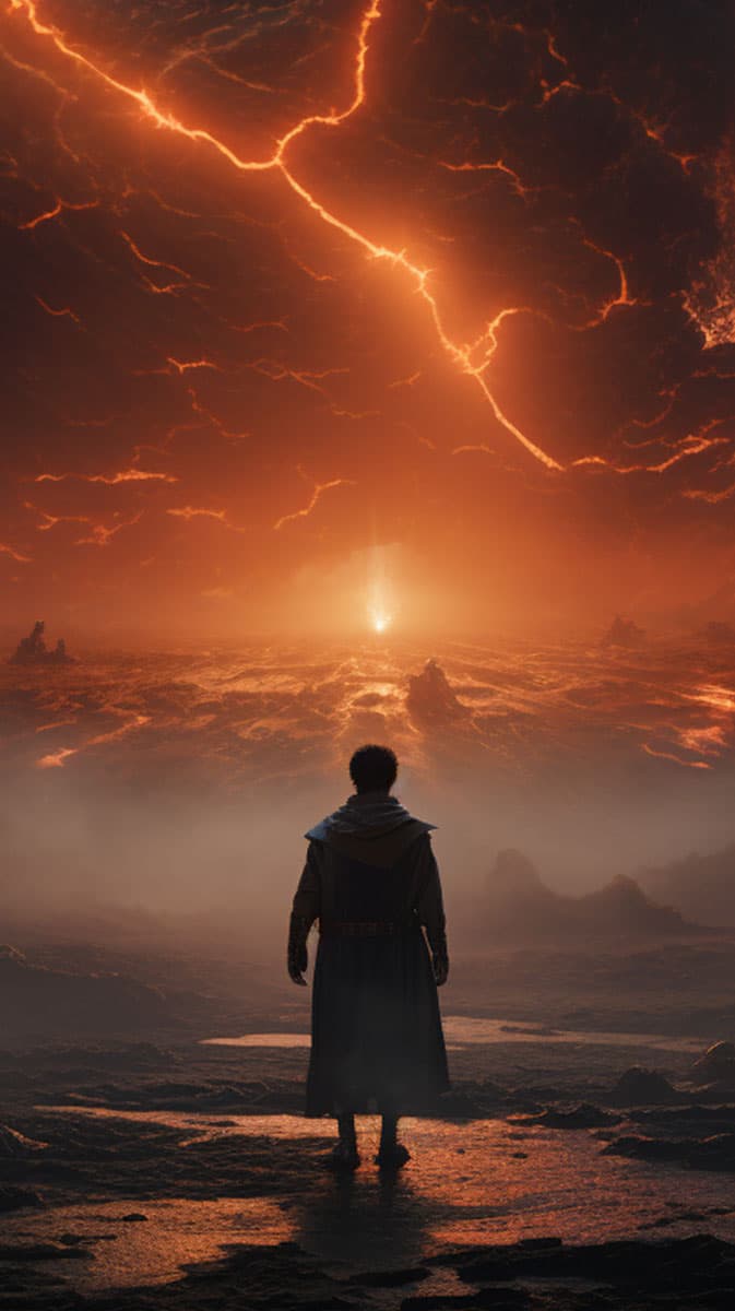 AI generated image from the prompt: A cinematic scene from a fantasy movie called Legend of the 7 Rings. This long shot captures a gaunt dark sorcerer summoning a cloud of chaos, technicolor --c 25 --s 250 --ar 16:9