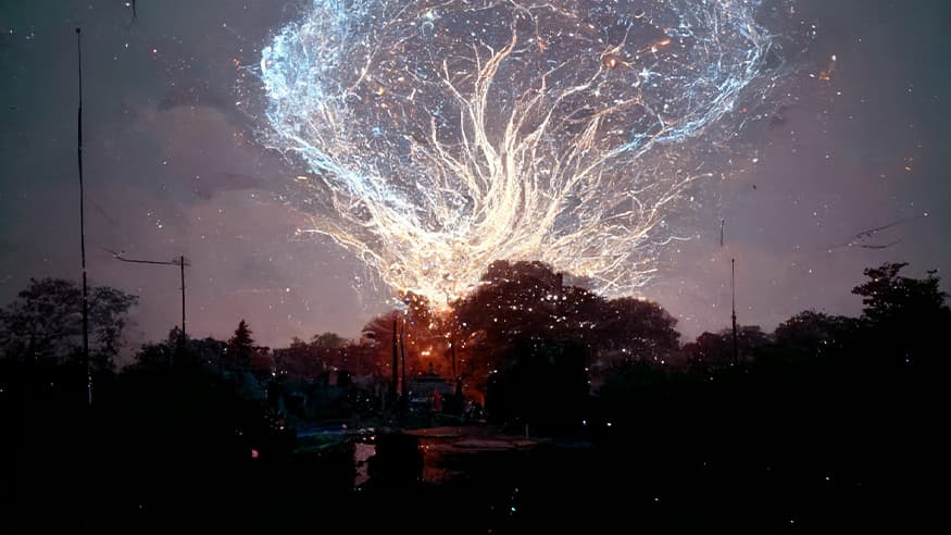 machine generated artwork of a streetview at night with an abstract concept of a brain in an electrical cloud