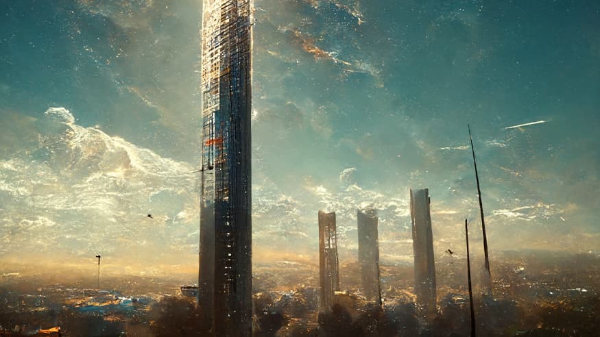 machine generated concept artwork of a cityscape with tall buildings reflecting sunlight