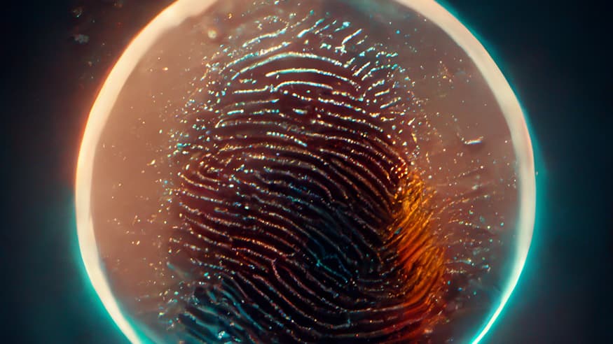 machine generated concept artwork of a closeup view of a thumbprint reflecting light and colour
