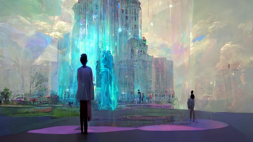 machine generated artwork showing a person looking at a large building in the metaverse futuristic landscape